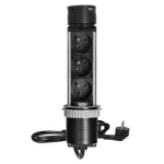 Gniazdo meblowe Ø6cm wysuwane z blatu z ładowarką USB i przewodem 1,5m, 3x2P+Z, 2xUSB (typ A i typ C, 2,4A), INOX