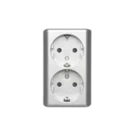 SIMON 54 WMEW-22211N-043 Gniazdo podwójne Schuko natynkowe z przesłonami torów prądowych wersja skandynawska 16A, 250V~, zaciski śrubowe; srebrny mat