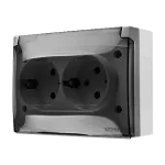 SIMON AQUACLICK WA-CGSZ2Zx-xx-16ax Gniazdo wtyczkowe natynkowe, Schuko, podwójne kompaktowe, klapka transparentna, z przesłonami, IP44, 16A, 250V~, zaciski śrubowe; szary