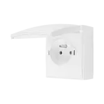 SIMON AQUACLICK WA-CGZ1Cxx-xx-11xx Gniazdo wtyczkowe natynkowe, pojedyncze z uziemieniem, klapka w kolorze pokrywy, IP44, 16A, 250V~, szybkozłącza; biały