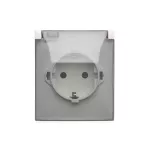 SIMON AQUACLICK WA-CGSZ1CZ-xx-11Ax Gniazdo wtyczkowe natynkowe, Schuko, pojedyncze, klapka transparentna z przesłonami torów prądowych, IP44, Σ16A, 250V~, zaciski śrubowe; biały
