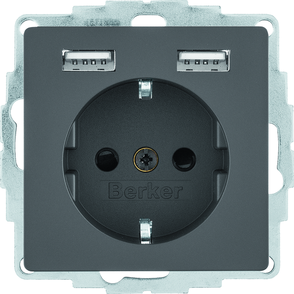 Q.x Gniazdo SCHUKO z gniazdem ładowania USB 2,4 A; samozaciski; antracyt aksamit