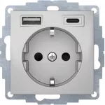 B.x Gniazdo SCHUKO z ładowarką USB A+C 2.4/3.0 A; samozaciski; alu mat