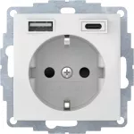 B.x Gniazdo SCHUKO z ładowarką USB A+C 2.4/3.0 A; samozaciski biały połysk