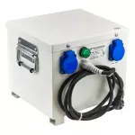 PFM1600 230/230V-7A Jednofazowy transformator IP44 separacyjny lub bezpieczeństwa obudowany przenośny (transportowy) z zabezpieczeniem, uchwytami, gniazdem i sznurem sieciowym do elektronarzędzi i oświetlenia