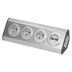 Gniazdo meblowe, kuchenne montowane na rzepy, z ładowarką USB - 3x2P+Z, 2xUSB, INOX.