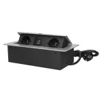 Gniazdo meblowe wpuszczane w blat z płaskim frezowanym rantem, ładowarką USB i przewodem 3m, 2x2P+Z, 2xUSB (typ A, 2,1A), srebrne