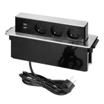 Gniazdo meblowe wysuwane z blatu z płaskim frezowanym rantem, ładowarką USB i przewodem 2m, 3x2P+Z, 2 x USB (typ A, 2,4A), 3x1,5mm2, czarno-srebrne, INOX