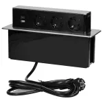 Gniazdo meblowe wysuwane z blatu z płaskim frezowanym rantem, ładowarką USB i przewodem 2m, 3x2P+Z (Schuko), 2 x USB (Typ A + C 3,1A), 3x1,5mm2, czarno-srebrne, INOX