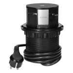 Gniazdo meblowe Ø10cm wysuwane z blatu z ładowarką indukcyjną, ładowarką USB i przewodem 1,5m, 3x2P+Z (Schuko), Qi 1.2.4 max. 10W, USB A+C QC 3.0