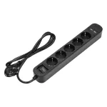 Listwa przeciwprzepięciowa, 5 gniazd 2P+Z (Schuko), kabel 3x1,0mm2, długość 1,5m, z wyłącznikiem podświetlanym dwutorowym. 10A/230 VAC, Ochronnik przeciwprzepięciowy, Ładowarka 2xUSB 2,1A. Płaska wtyczka
