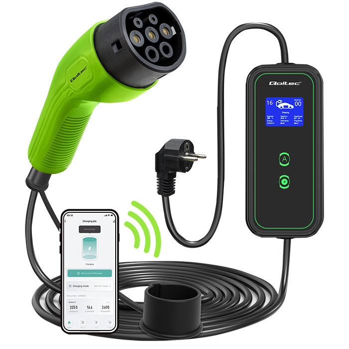Qoltec Mobilna ładowarka do samochodu elektrycznego EV z regulacją 2w1 Typ2 | 3.5kW | 230V | Wi-fi | LCD | Przenośna | Wallbox | 5m
