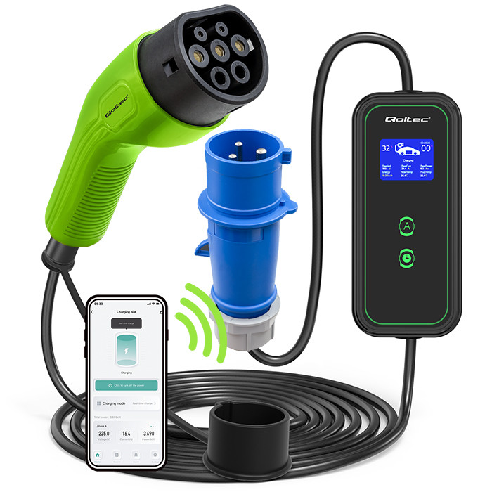 Qoltec Mobilna ładowarka do samochodu elektrycznego EV z regulacją 2w1 Typ2 | 7kW | 230V | Wi-fi| LCD | Przenośna | Wallbox | 5m