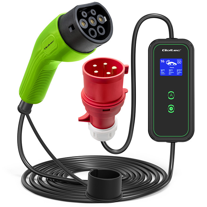 Qoltec Mobilna ładowarka do samochodu elektrycznego EV z regulacją 2w1 Typ2 | 11kW | LCD | 3 fazy | Przenośna | Wallbox | 5m