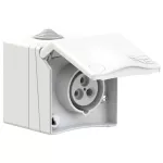 Gniazdo nadtynkowe przelotowe zabudowane seria DESIGN 16A 2P+Z 110V 50/60Hz 4h IP44 (kołnierz 90X90, rozstaw śrub 73X73), styki niklowane