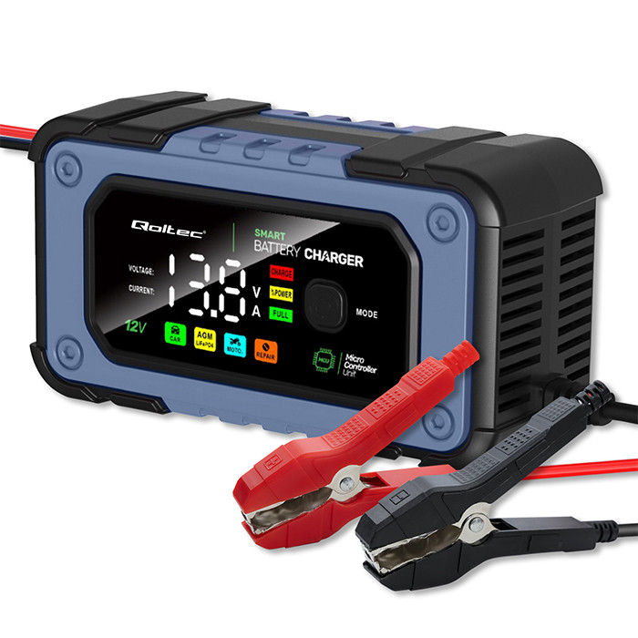 Qoltec Inteligentna mikroprocesorowa ładowarka 12V | 7A | Prostownik do akumulatora AGM LiFePO4 GEL z funkcją naprawy 