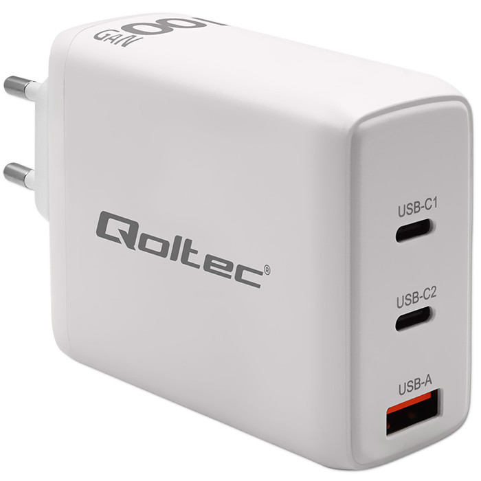 Qoltec Ładowarka sieciowa 100W GaN  | 5-20V | 1.5-5A | 2 x USB-C PD | 1 x USB QC 3.0 | Laptop | Smartfon | Biała