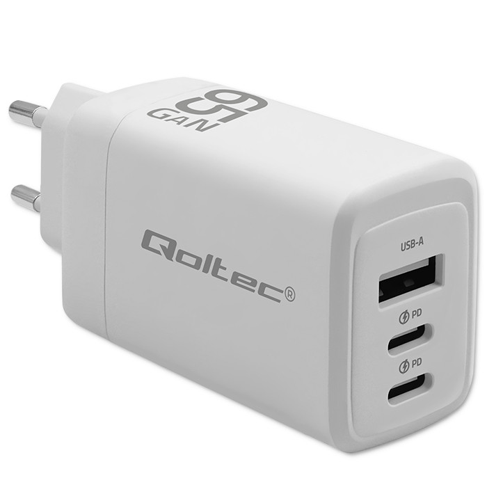 Qoltec Ładowarka sieciowa 65W GaN  | 5-20V | 3-3.35A | 2 x USB-C PD | 1 x USB QC 3.0 | Laptop | Smartfon | Biała