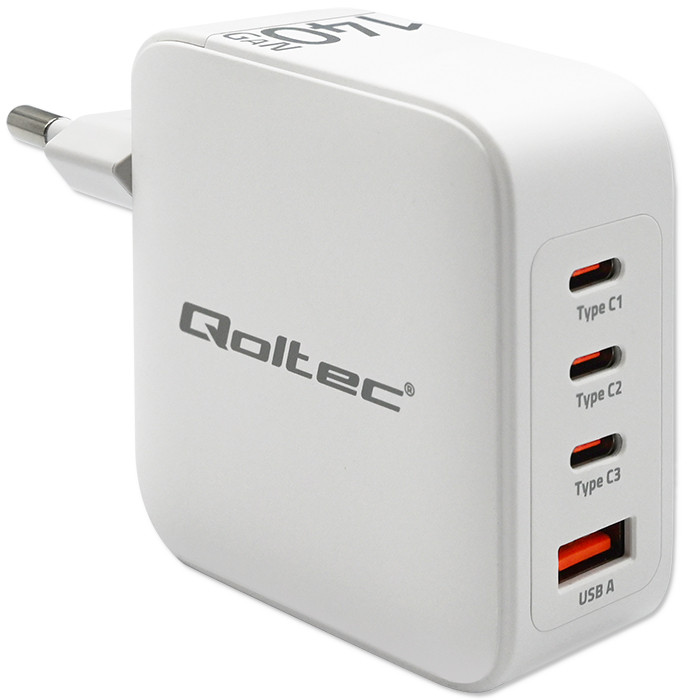 Qoltec Ładowarka sieciowa 140W GaN  | 5-20V | 2.5-5A | 3 x USB-C PD | 1 x USB QC 3.0 | Laptop | Smartfon | Biała