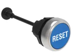 LPCR1196 Plastikowy przycisk Ø22mm serii Platinum, kryty, samoczynny powrót, do kasowania mechanicznego, regulowana długość trzpienia od 0 do 150mm. Niebieski z opisem 