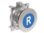 LPFB1176 Metalowy przycisk płaski Ø30mm serii Platinum, kryty, samoczynny powrót, z symbolem, R / . Niebieski