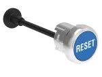 LPSR1196 Metalowy przycisk Ø22mm serii Platinum, kryty, samoczynny powrót, do kasowania mechanicznego, regulowana długość trzpienia od 0 do 150mm. Niebieski z opisem 