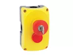 LPZP2B5905 Żółta obudowa LPZP2A5 z przyciskiem grzybkowym LPCB6844, odblokowanie kluczem, 1NO+1NC i czerwona lampka 24V