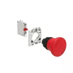 LPCB6344K01 ZESTAW: Przycisk grzybkowy, plastikowy, z blokadą, odblokowanie przez obrót, Ø40mm, do normalnego zatrzymania, czerwony. Adapter montażowy. Zestyki 1NC, zaciski śrubowe.