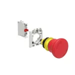 LPCB6644K01 ZESTAW: Przycisk grzybkowy, plastikowy, z blokadą, odblokowanie przez obrót, Ø40mm, do awaryjnego zatrzymania wg ISO 13850, czerwony. Adapter montażowy. Zestyki 1NC, zaciski śrubowe.