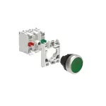 LPCBL103K11PM3 ZESTAW: Przycisk plastikowy podświetlany, samoczynny powrót, kryty, zielony. Adapter montażowy. Zestyki 1NO+1NC, zaciski śrubowe. Lampka LED, światło ciągłe, zasilanie 185...265VAC.