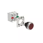 LPCBL104K11PM4 ZESTAW: Przycisk plastikowy podświetlany, samoczynny powrót, kryty, czerwony. Adapter montażowy. Zestyki 1NO+1NC, zaciski śrubowe. Lampka LED, światło ciągłe, zasilanie 185...265VAC.