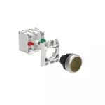 LPCBL105K11PB5 ZESTAW: Przycisk plastikowy podświetlany, samoczynny powrót, kryty, żółty. Adapter montażowy. Zestyki 1NO+1NC, zaciski śrubowe. Lampka LED, światło ciągłe, zasilanie 12...30VAC/DC.