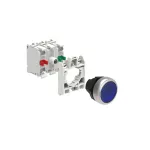 LPCBL106K11PM6 ZESTAW: Przycisk plastikowy podświetlany, samoczynny powrót, kryty, niebieski. Adapter montażowy. Zestyki 1NO+1NC, zaciski śrubowe. Lampka LED, światło ciągłe, zasilanie 185...265VAC.