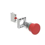 LPSB6644K01 ZESTAW: Przycisk grzybkowy, metalowy, z blokadą, odblokowanie przez obrót, Ø40mm, do awaryjnego zatrzymania wg ISO 13850, czerwony. Adapter montażowy. Zestyki 1NC, zaciski śrubowe.