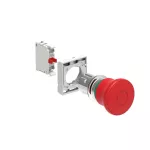 LPSB6744K01 ZESTAW: Przycisk grzybkowy, metalowy, z blokadą, odblokowanie przez pociągnięcie, Ø40mm, do awaryjnego zatrzymania wg ISO 13850, czerwony. Adapter montażowy. Zestyki 1NC, zaciski śrubowe.