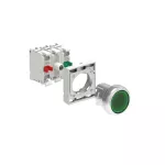 LPSBL103K11PB3 ZESTAW: Przycisk metalowy podświetlany, samoczynny powrót, kryty, zielony. Adapter montażowy. Zestyki 1NO+1NC, zaciski śrubowe. Lampka LED, światło ciągłe, zasilanie 12...30VAC/DC.