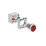LPSBL104K11PM4 ZESTAW: Przycisk metalowy podświetlany, samoczynny powrót, kryty, czerwony. Adapter montażowy. Zestyki 1NO+1NC, zaciski śrubowe. Lampka LED, światło ciągłe, zasilanie 185...265VAC.