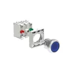 LPSBL106K11PM6 ZESTAW: Przycisk metalowy podświetlany, samoczynny powrót, kryty, niebieski. Adapter montażowy. Zestyki 1NO+1NC, zaciski śrubowe. Lampka LED, światło ciągłe, zasilanie 185...265VAC.