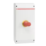OTP125BA6U Rozłącznik w obudowie, 6P 400V AC22 125A, obudowa IP65 plastikowa, rączka żółto-czerwona, blokada drzwiczek w pozycj