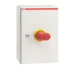 OTL100BA4B Rozłącznik w obudowie, 4P 400V AC22 100A, obudowa IP65 z blachy stalowej, rączka żółto-czerwona, blokada drzwiczek w