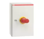 OTL100BA4U Rozłącznik w obudowie, 4P 400V AC22 100A, obudowa IP65 z blachy stalowej, rączka żółto-czerwona, blokada drzwiczek w