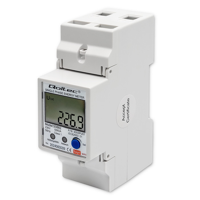 Qoltec Jednofazowy elektroniczny licznik | miernik zużycia energii na szynę DIN | Wi-fi | TUYA | 230V | LCD 