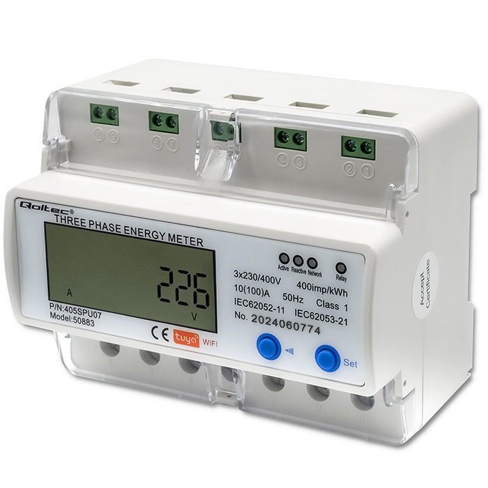 Qoltec Trójfazowy elektroniczny licznik | miernik zużycia energii na szynę DIN | Wi-fi | TUYA | 400V | LCD 