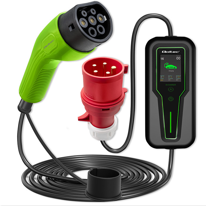Qoltec Mobilna ładowarka do samochodu elektrycznego EV z regulacją 2w1 Typ2 | 11kW | 3 Fazy | LCD | Przenośna | Wallbox | 5m 