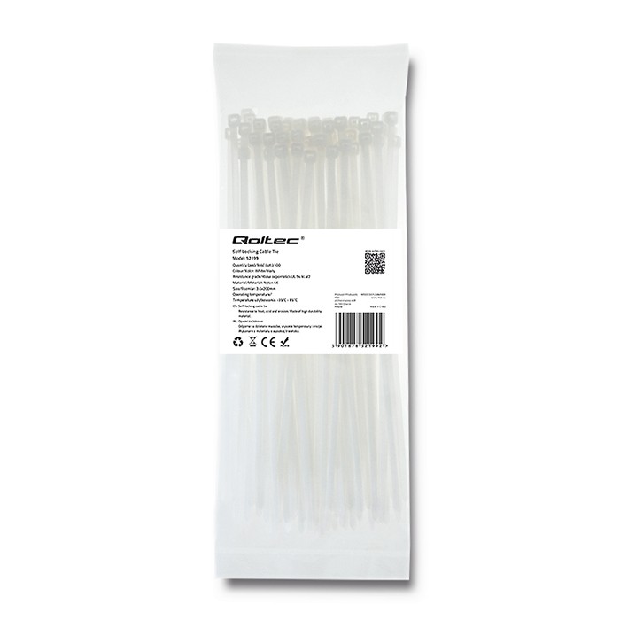 Qoltec Opaski zaciskowe Trytki kablowe | 3.6*200mm | 100 szt. | Nylon66 | UV | Białe