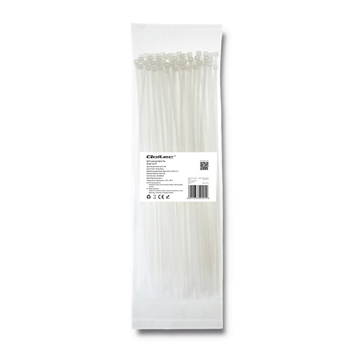 Qoltec Opaski zaciskowe Trytki kablowe | 3.6*300mm | 100 szt. | Nylon66 | UV | Białe