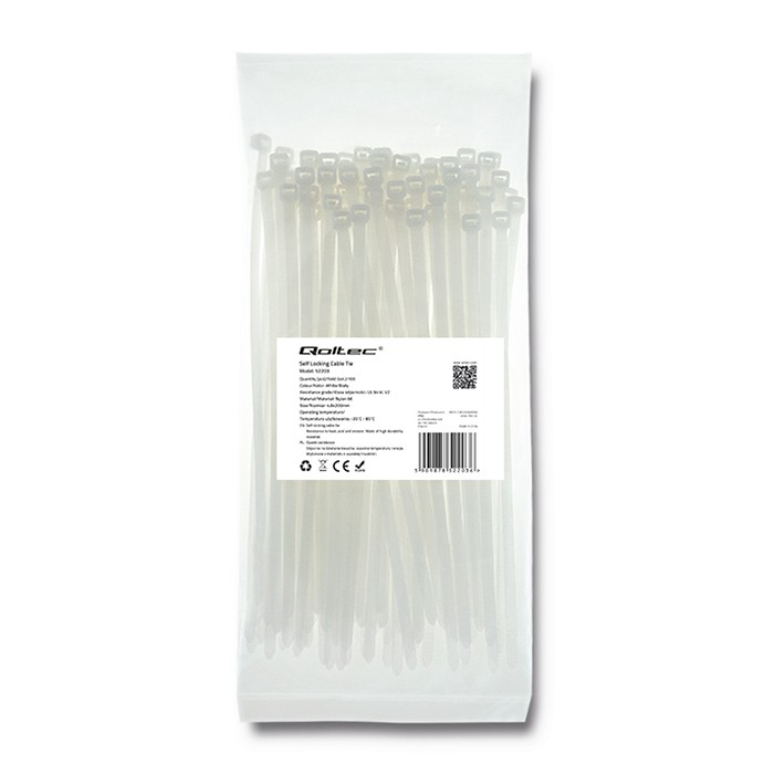 Qoltec Opaski zaciskowe Trytki kablowe | 4.8*200mm | 100 szt. | Nylon66 | UV | Białe