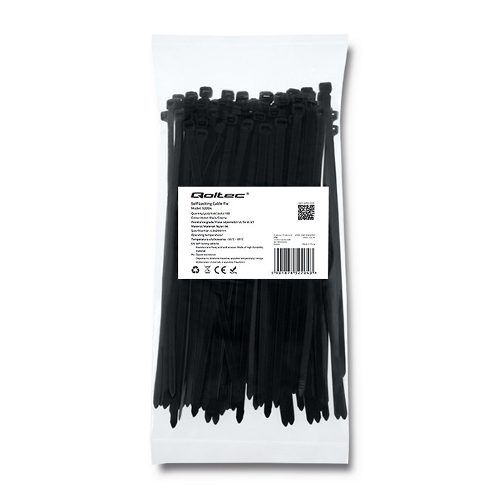 Qoltec Opaski zaciskowe Trytki kablowe | 4.8*200mm | 100 szt. | Nylon66 | UV | Czarne
