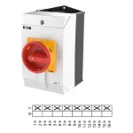 T3-4-8344/I2/SVB Przełącznik Zał.-Wył., 8-bieg., 32 A, 90 °, w obudowie IP65, pokrętło czerwono-żółte z blokadą na kłódkę