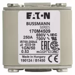170M4509 Wkładka szybka, 250 A, AC 690 V, size 1, 53 x 69 x 51 mm, aR, IEC, UL, wskaźnik, flush end, 18 UNC